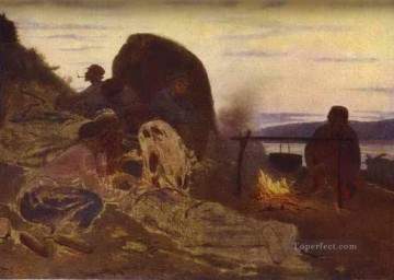 キャンプファイヤーのそばのはしけ運搬船 1870年 イリヤ・レーピン Oil Paintings